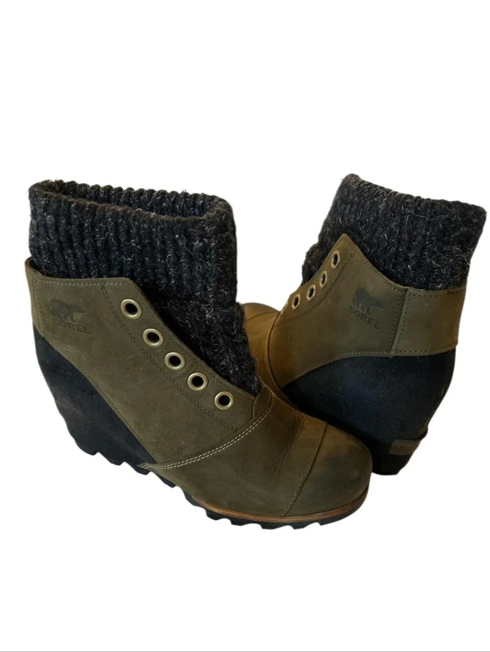 Sorel Joanie Sweater Olive Brown Wedge Ankle Boots Dark Knit Cuff 8.5